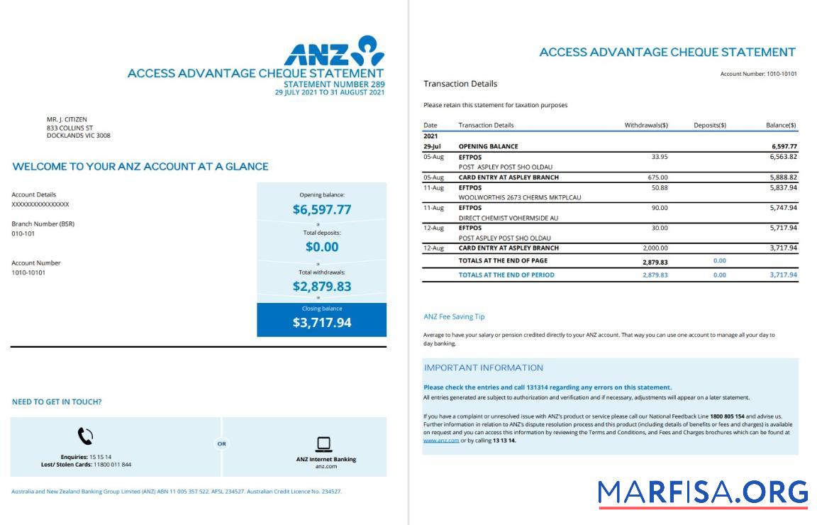 Blank Australia ANZ proof of address bank statement 2 pages download for verification
